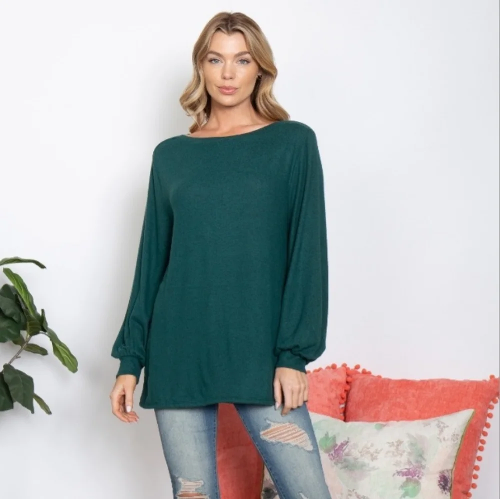 PUFF SLEEVED BOAT NECK BRUSHED HACCI TOP- HUNTER GREEN - Picture 1 of 6